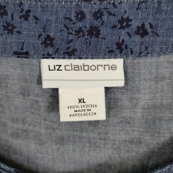 NEW Liz Claiborne XL Gingham Garden Top Blouse floral Blue Cap Sleeves pleat NWT - Picture 10 of 10